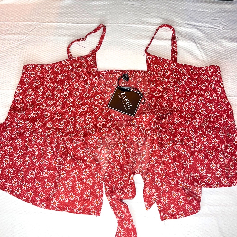 NWT ZAFUL FLORAL FRONT TIE CROP TANK BURGUNDY  SIZE L
